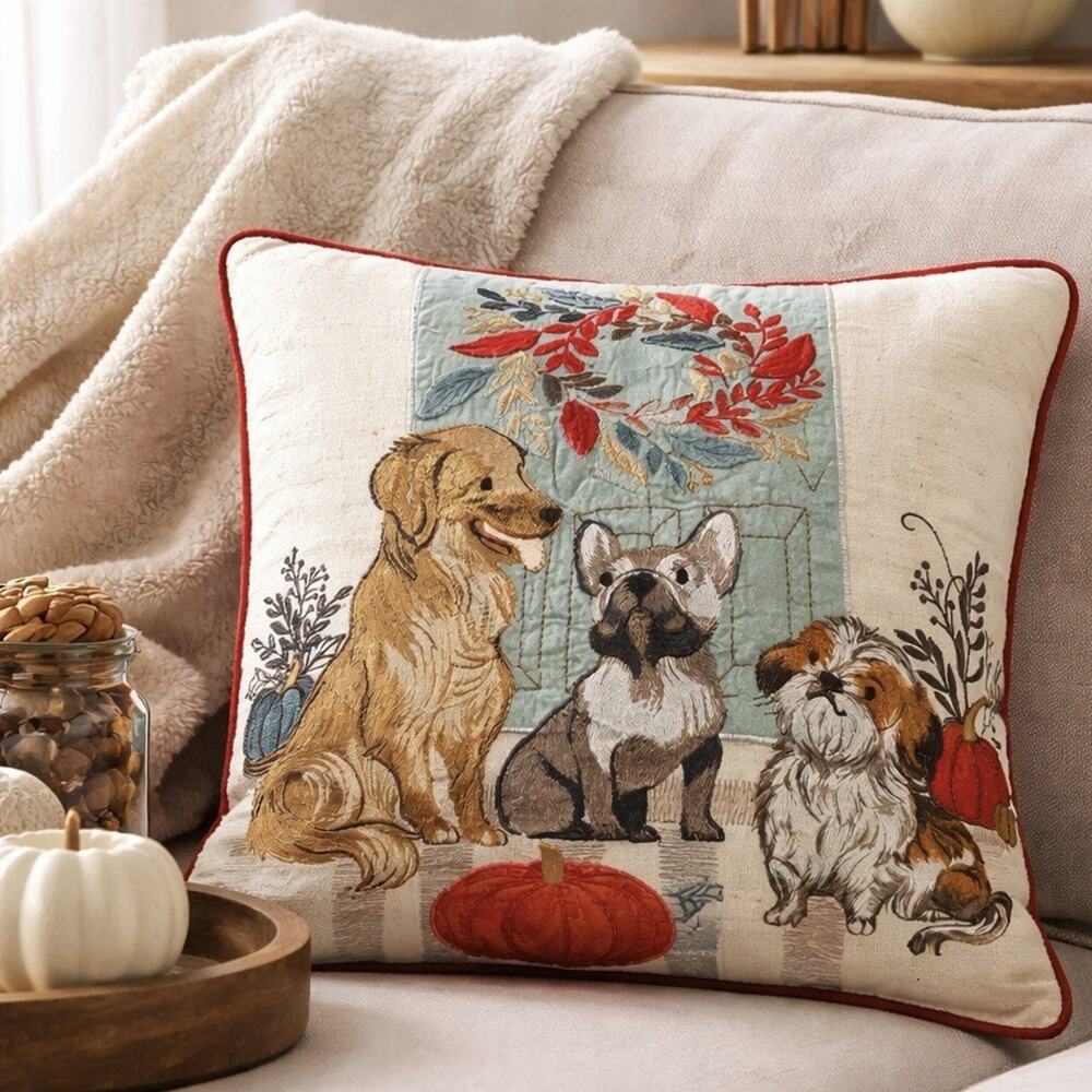 Pier 1 One Embroidered Autumn Dog French Bulldog Golden Retriever 15" Pillow